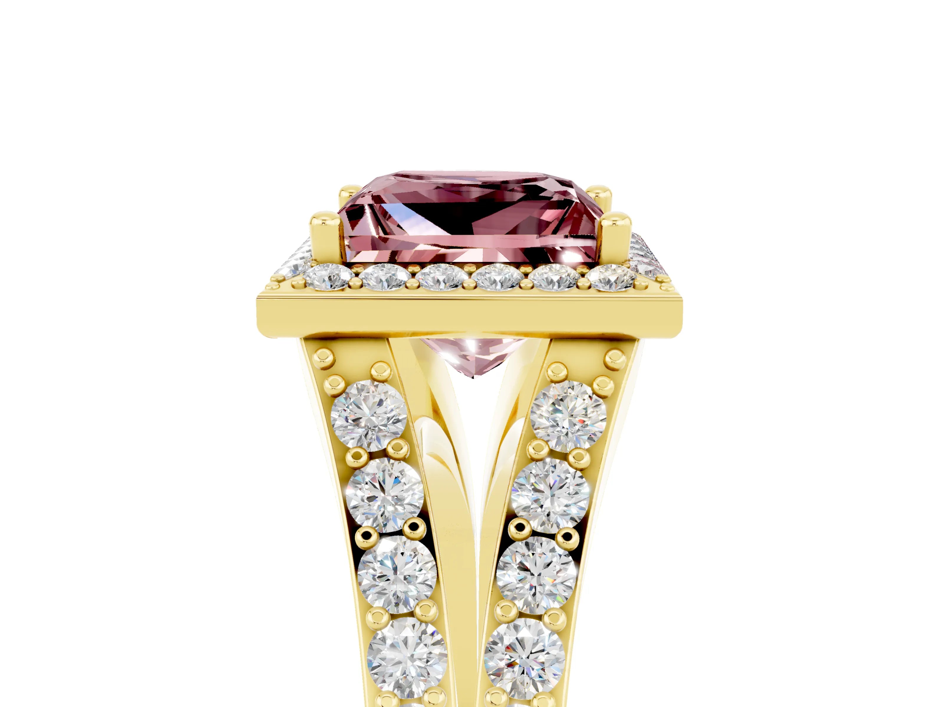 Yellow gold Princess Cut Morganite Split Shank Halo Ring with Four-Prong Setting_17