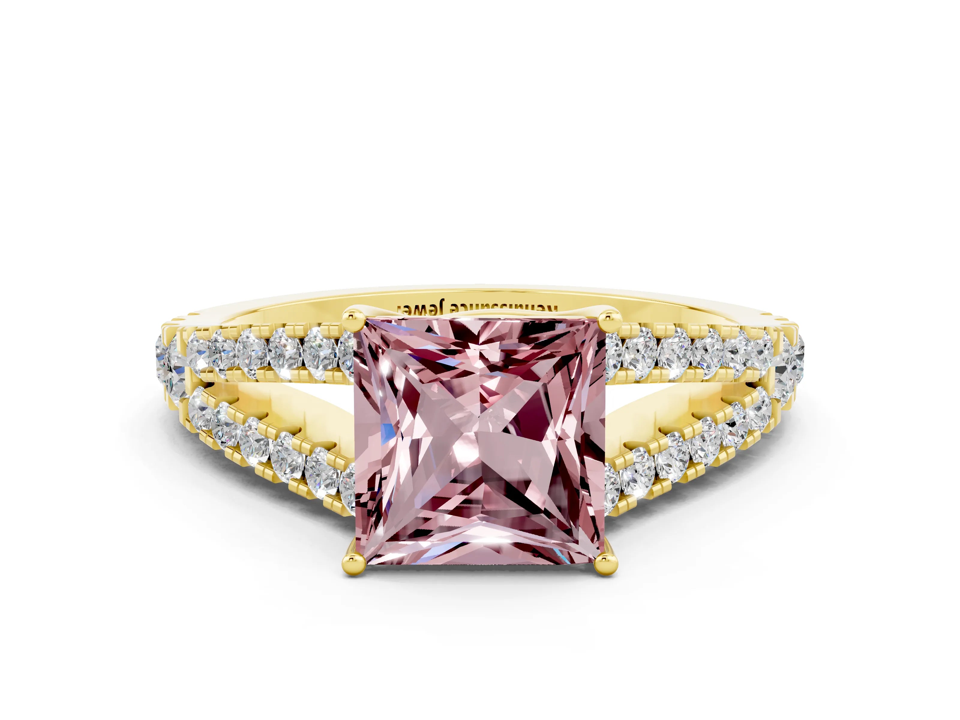 Yellow gold Princess Cut Morganite Split Shank Pavé Engagement Ring with Four-Prong Setting_12