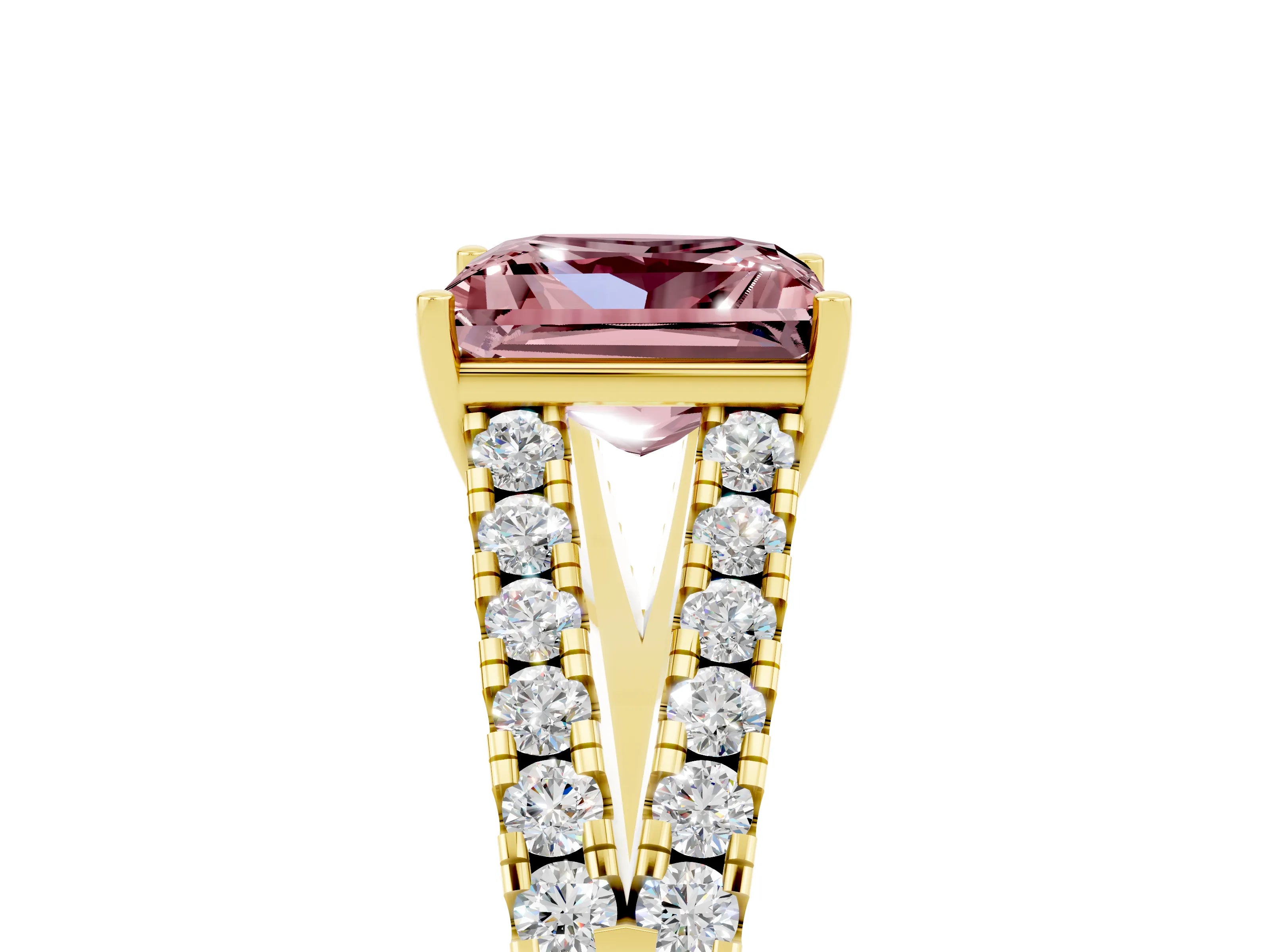 Yellow gold Princess Cut Morganite Split Shank Pavé Engagement Ring with Four-Prong Setting_17
