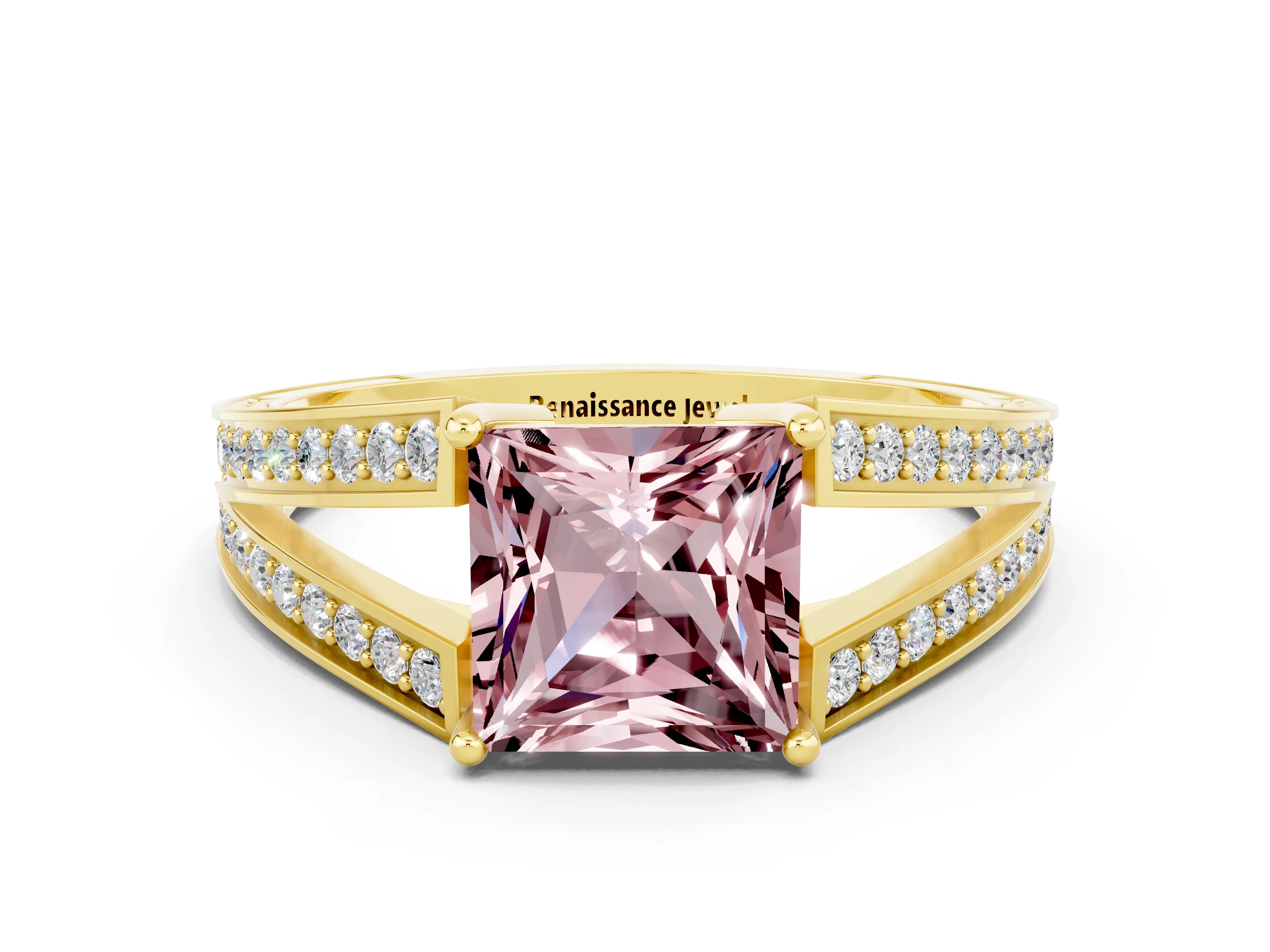Yellow gold Princess Cut Morganite Split Shank Ring with Pavé Band and Four-Prong Setting
