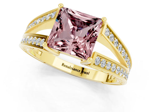 Yellow gold Princess Cut Morganite Split Shank Ring with Pavé Band and Four-Prong Setting_1