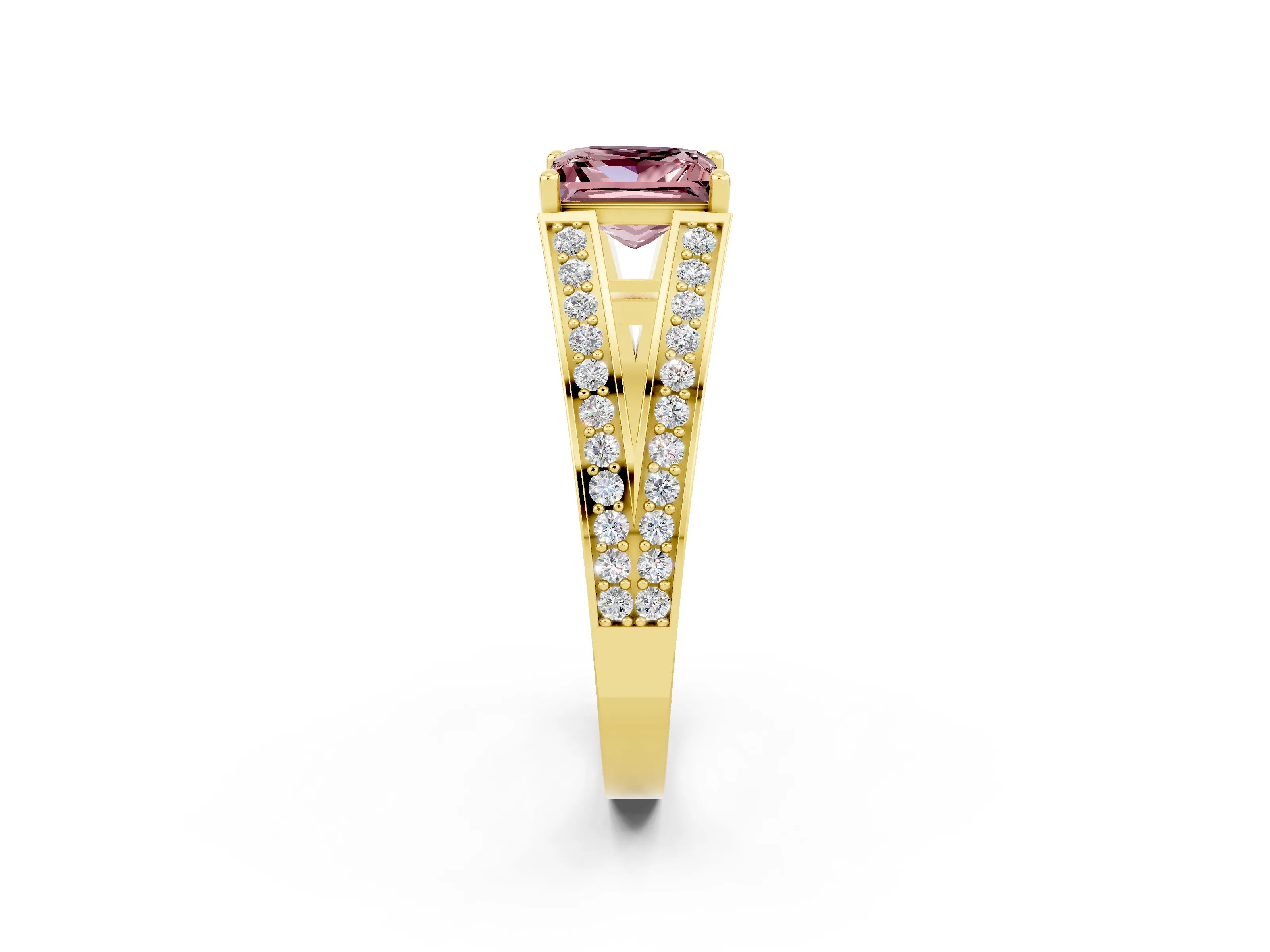 Yellow gold Princess Cut Morganite Split Shank Ring with Pavé Band and Four-Prong Setting_2