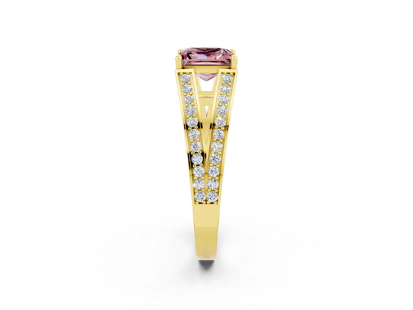Yellow gold Princess Cut Morganite Split Shank Ring with Pavé Band and Four-Prong Setting