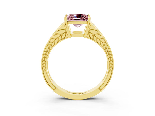Yellow gold Princess Cut Morganite Split Shank Ring with Pavé Band and Four-Prong Setting