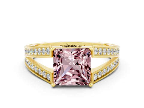 Yellow gold Princess Cut Morganite Split Shank Ring with Pavé Band and Four-Prong Setting
