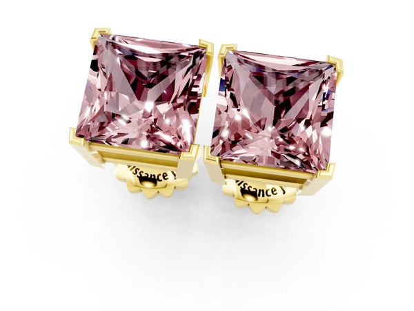 Yellow gold Princess Cut Morganite Stud Earrings