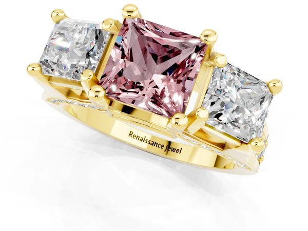 Yellow gold Princess Cut Morganite Three-Stone Ring with Channel Set Band and Four-Prong Setting