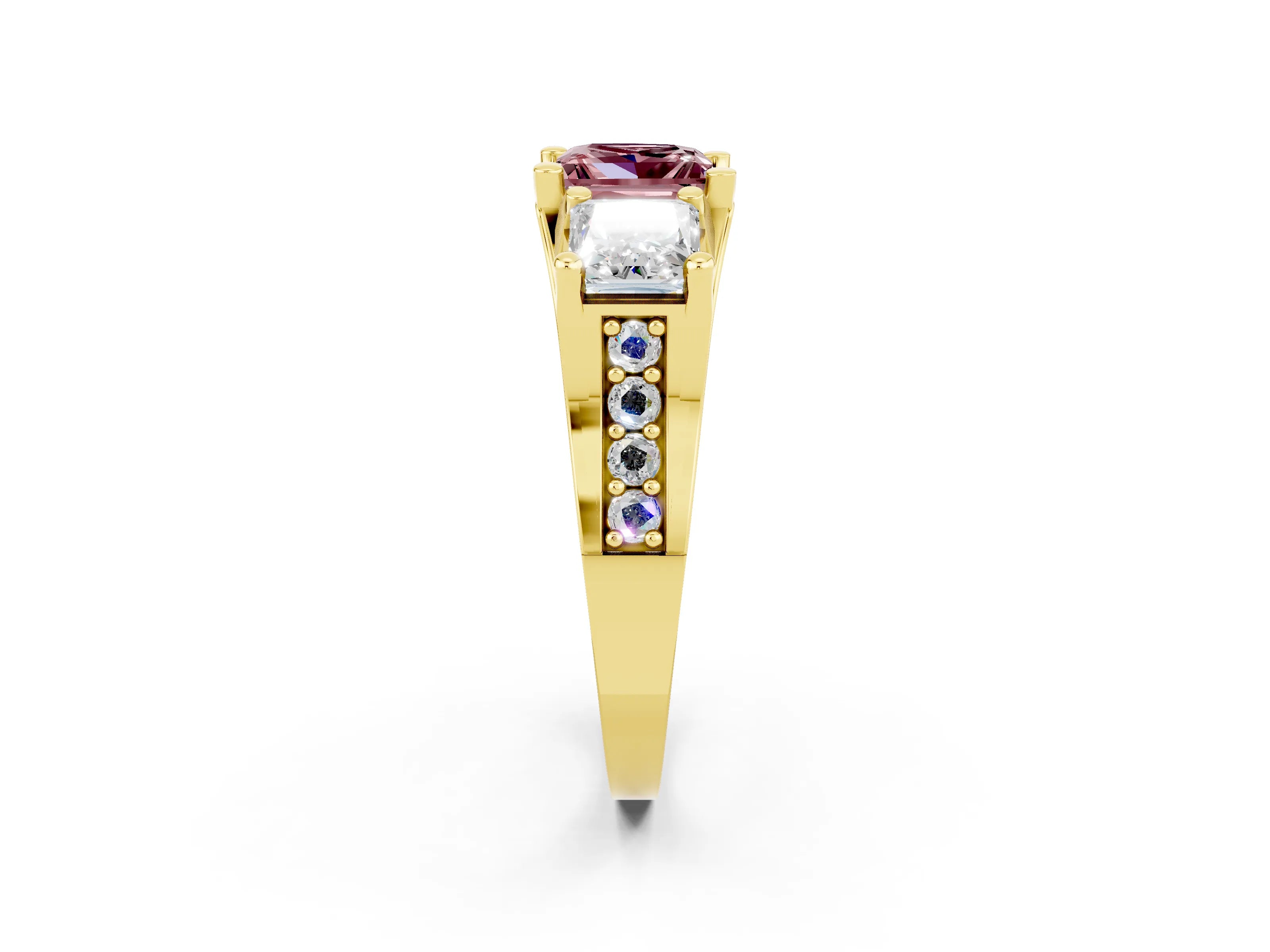Yellow gold Princess Cut Morganite Three-Stone Ring with Channel Set Band and Four-Prong Setting_2