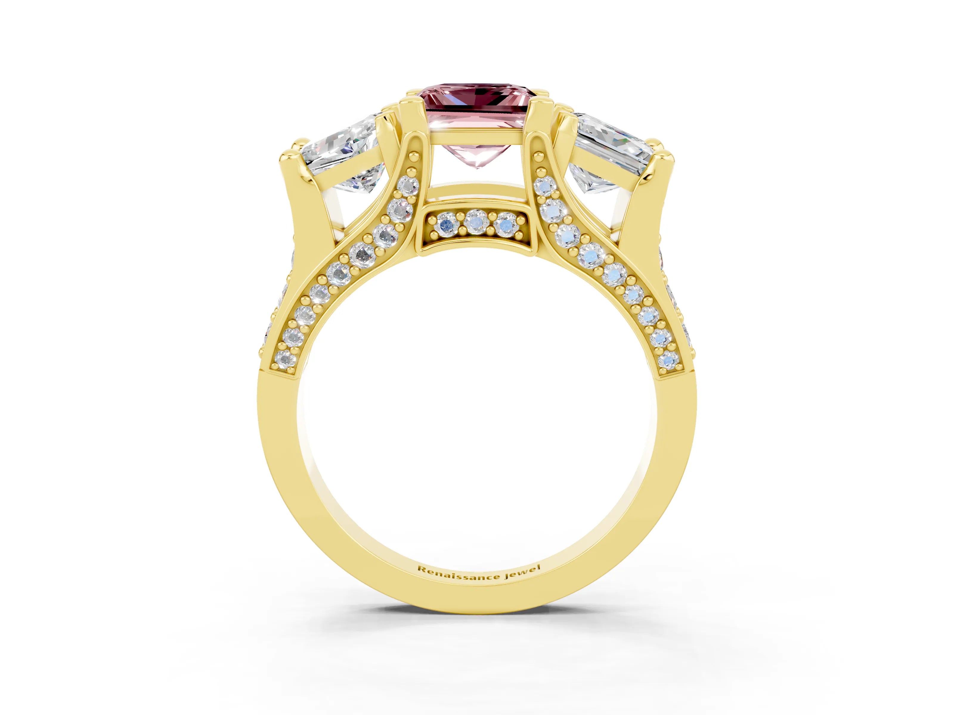 Yellow gold Princess Cut Morganite Three-Stone Ring with Channel Set Band and Four-Prong Setting_3