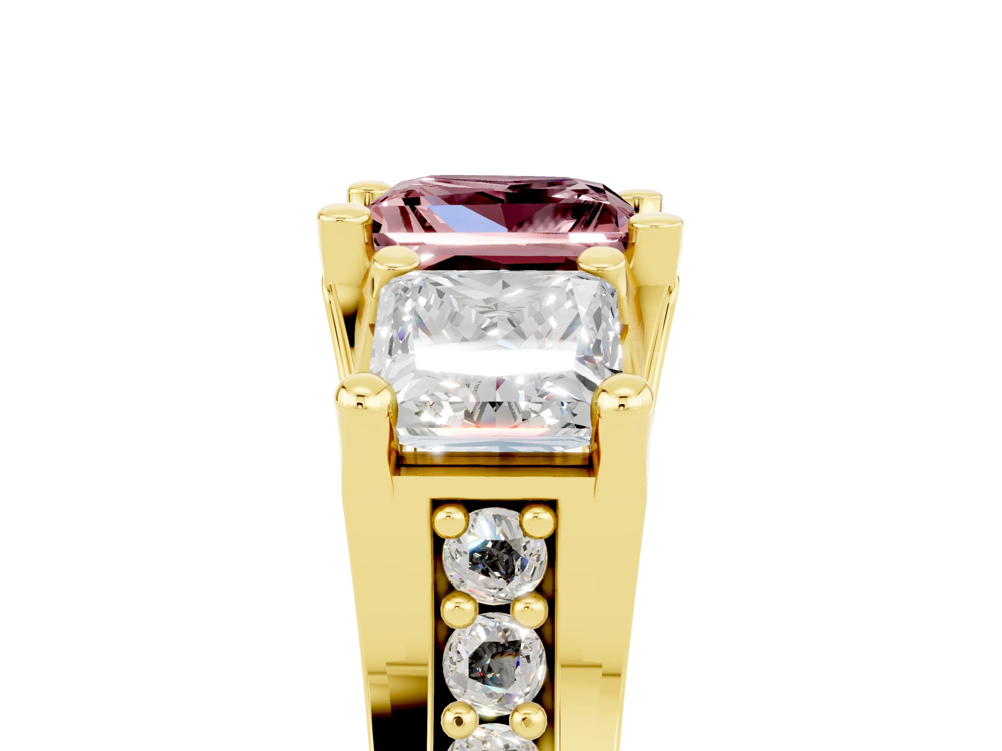 Yellow gold Princess Cut Morganite Three-Stone Ring with Channel Set Band and Four-Prong Setting_5