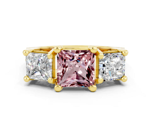 Yellow gold Princess Cut Morganite Three-Stone Ring with Channel Set Band and Four-Prong Setting