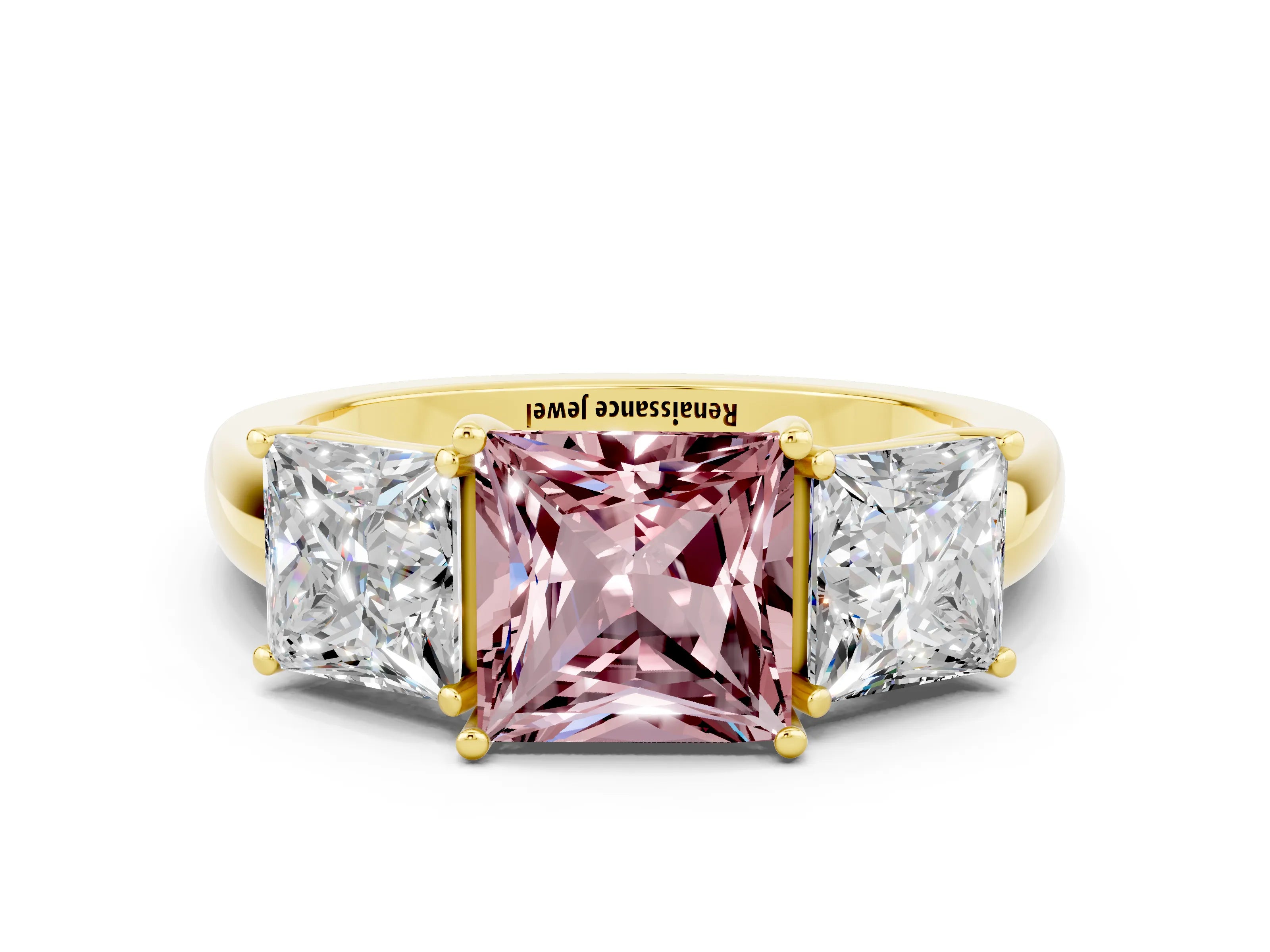 Yellow gold Princess Cut Morganite Three-Stone Ring with Four-Prong Setting and Classic Band