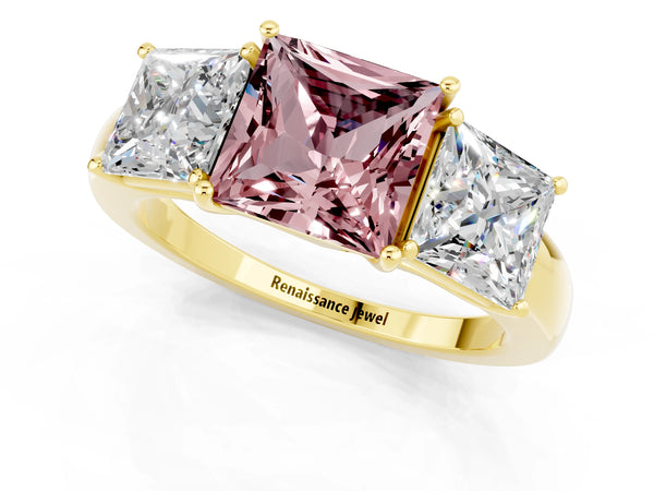 Yellow gold Princess Cut Morganite Three-Stone Ring with Four-Prong Setting and Classic Band