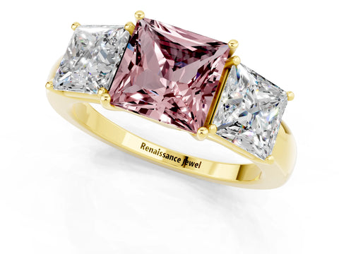 Yellow gold Princess Cut Morganite Three-Stone Ring with Four-Prong Setting and Classic Band_1