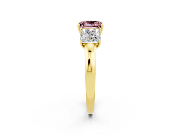 Yellow gold Princess Cut Morganite Three-Stone Ring with Four-Prong Setting and Classic Band