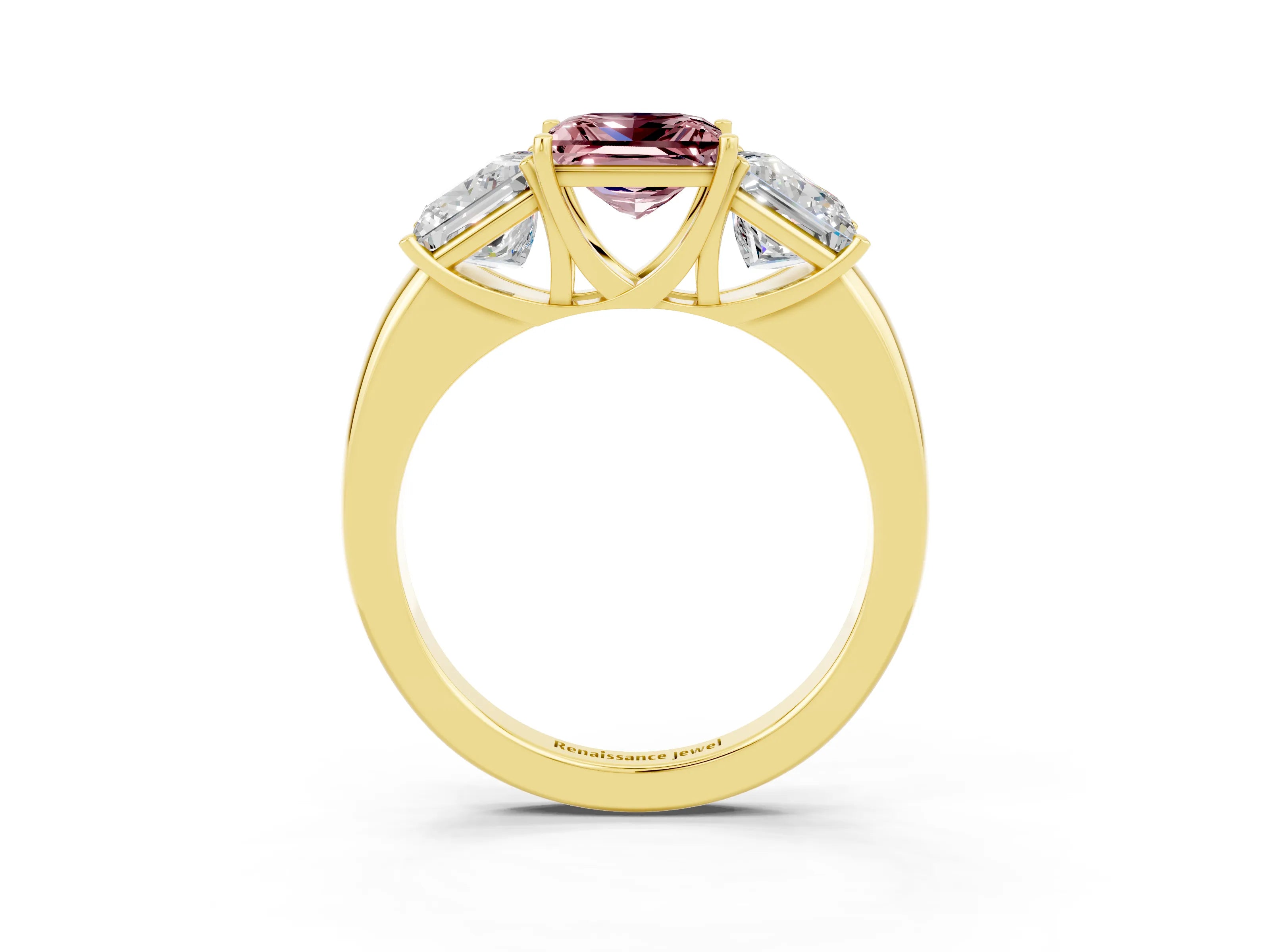 Yellow gold Princess Cut Morganite Three-Stone Ring with Four-Prong Setting and Classic Band_3