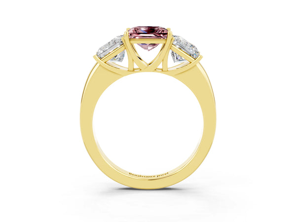 Yellow gold Princess Cut Morganite Three-Stone Ring with Four-Prong Setting and Classic Band