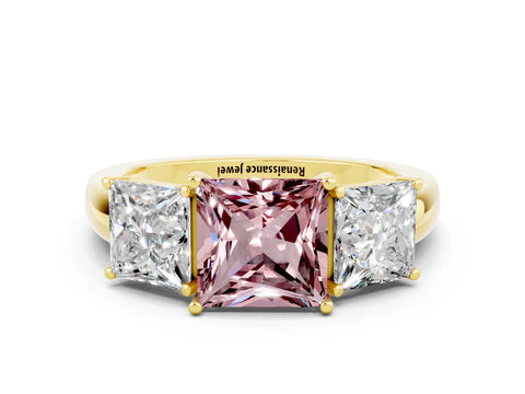 Yellow gold Princess Cut Morganite Three-Stone Ring with Four-Prong Setting and Classic Band