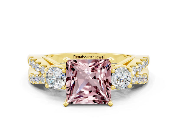 Yellow gold Princess Cut Morganite Three-Stone Ring with Pavé Split Shank and Four-Prong Setting