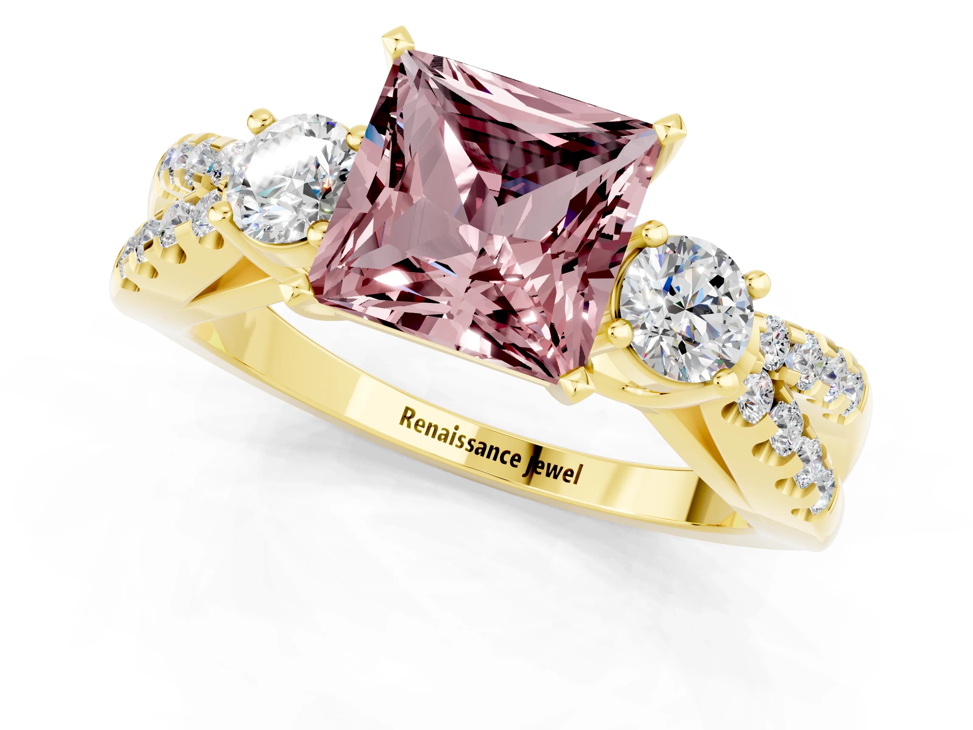 Yellow gold Princess Cut Morganite Three-Stone Ring with Pavé Split Shank and Four-Prong Setting_1