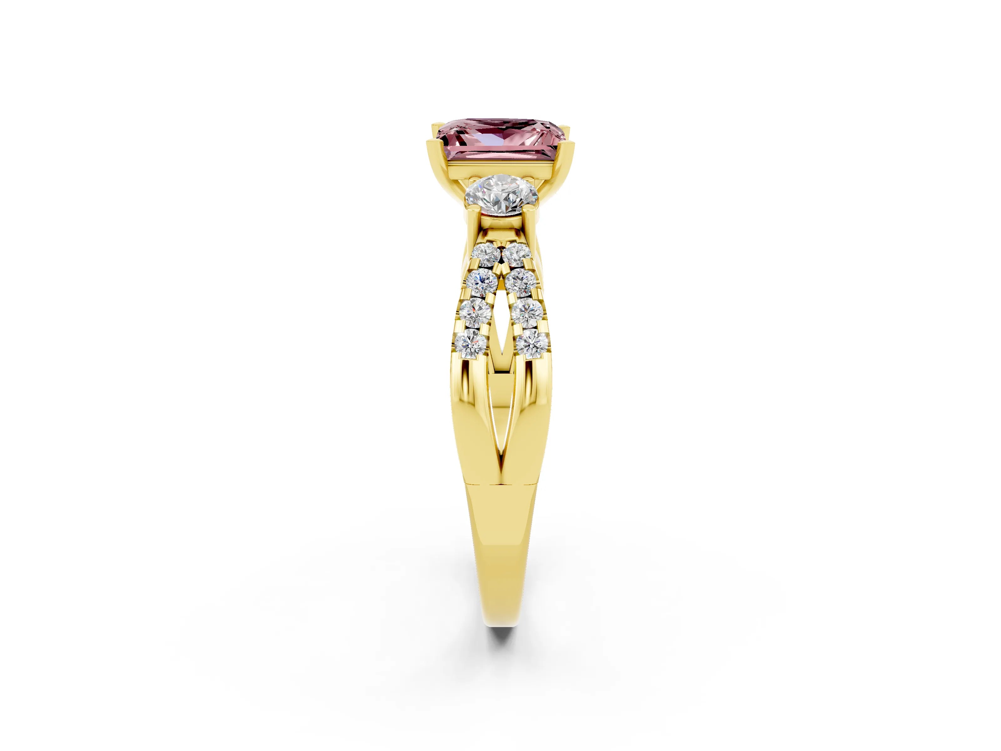 Yellow gold Princess Cut Morganite Three-Stone Ring with Pavé Split Shank and Four-Prong Setting_2