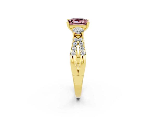 Yellow gold Princess Cut Morganite Three-Stone Ring with Pavé Split Shank and Four-Prong Setting