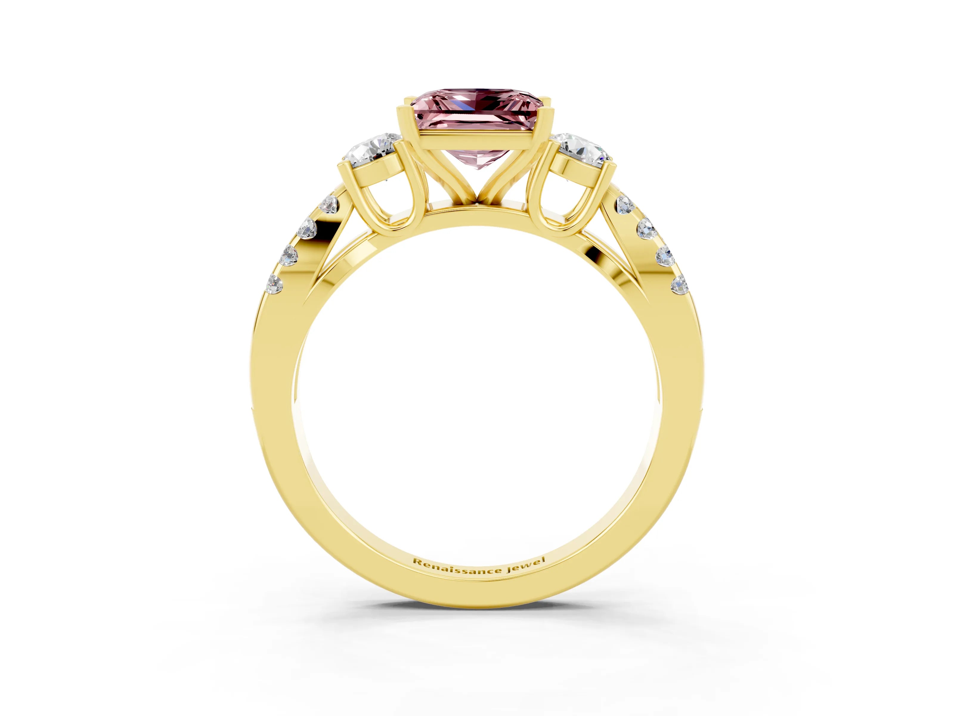 Yellow gold Princess Cut Morganite Three-Stone Ring with Pavé Split Shank and Four-Prong Setting_3