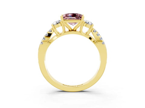 Yellow gold Princess Cut Morganite Three-Stone Ring with Pavé Split Shank and Four-Prong Setting_3
