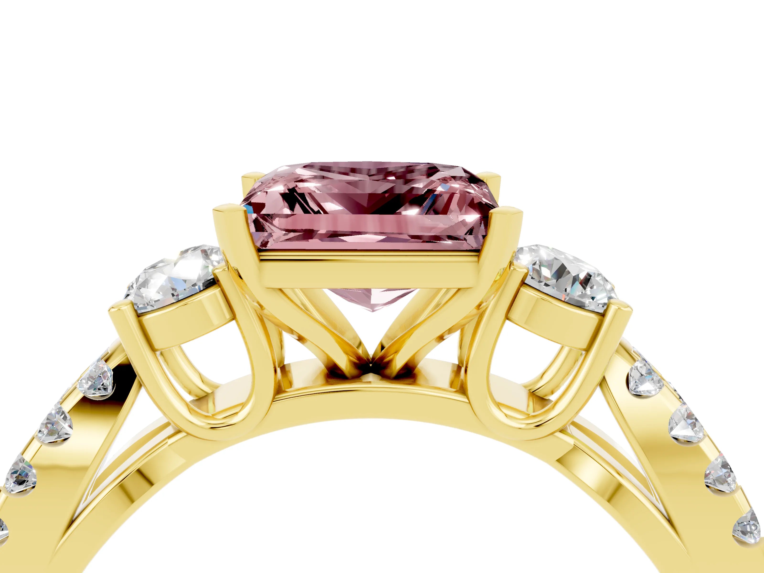 Yellow gold Princess Cut Morganite Three-Stone Ring with Pavé Split Shank and Four-Prong Setting_4