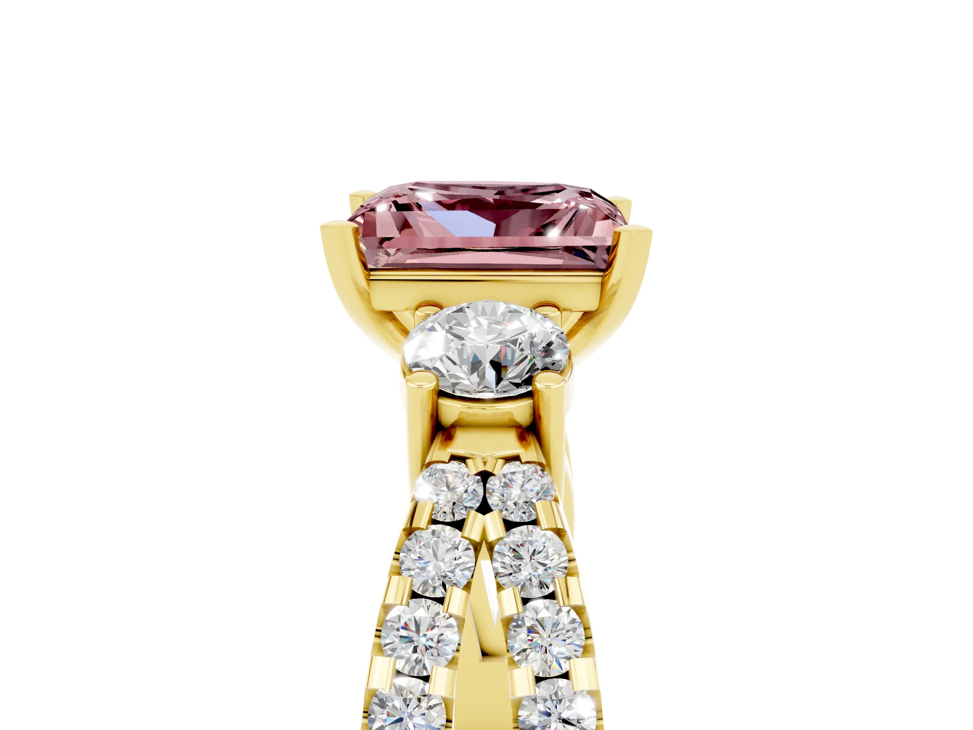 Yellow gold Princess Cut Morganite Three-Stone Ring with Pavé Split Shank and Four-Prong Setting_5