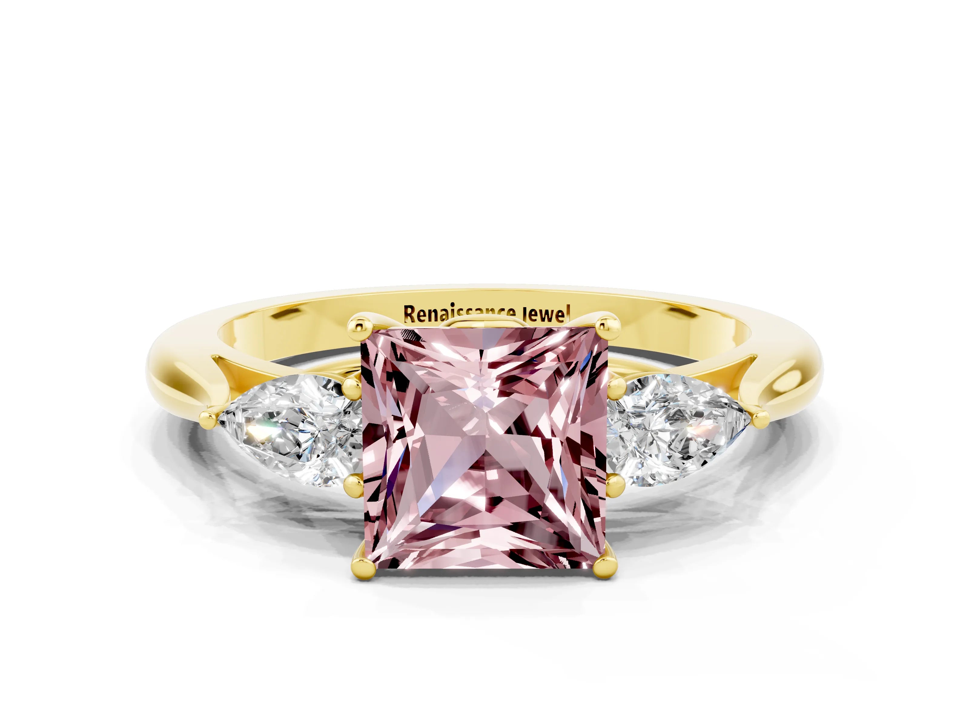 Yellow gold Princess Cut Morganite Three-Stone Ring with Pear Side Stones and Four-Prong Setting_12