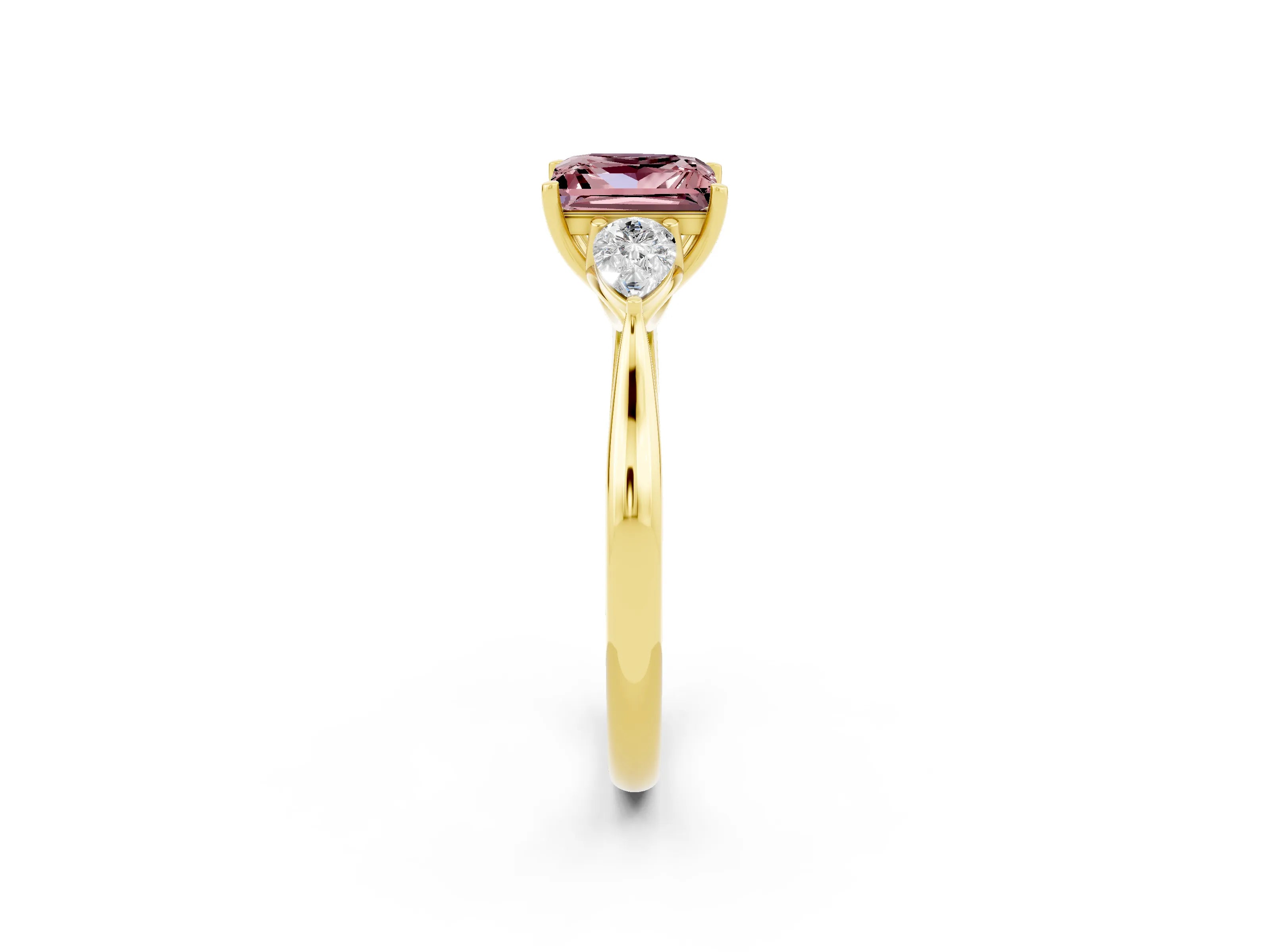 Yellow gold Princess Cut Morganite Three-Stone Ring with Pear Side Stones and Four-Prong Setting_14