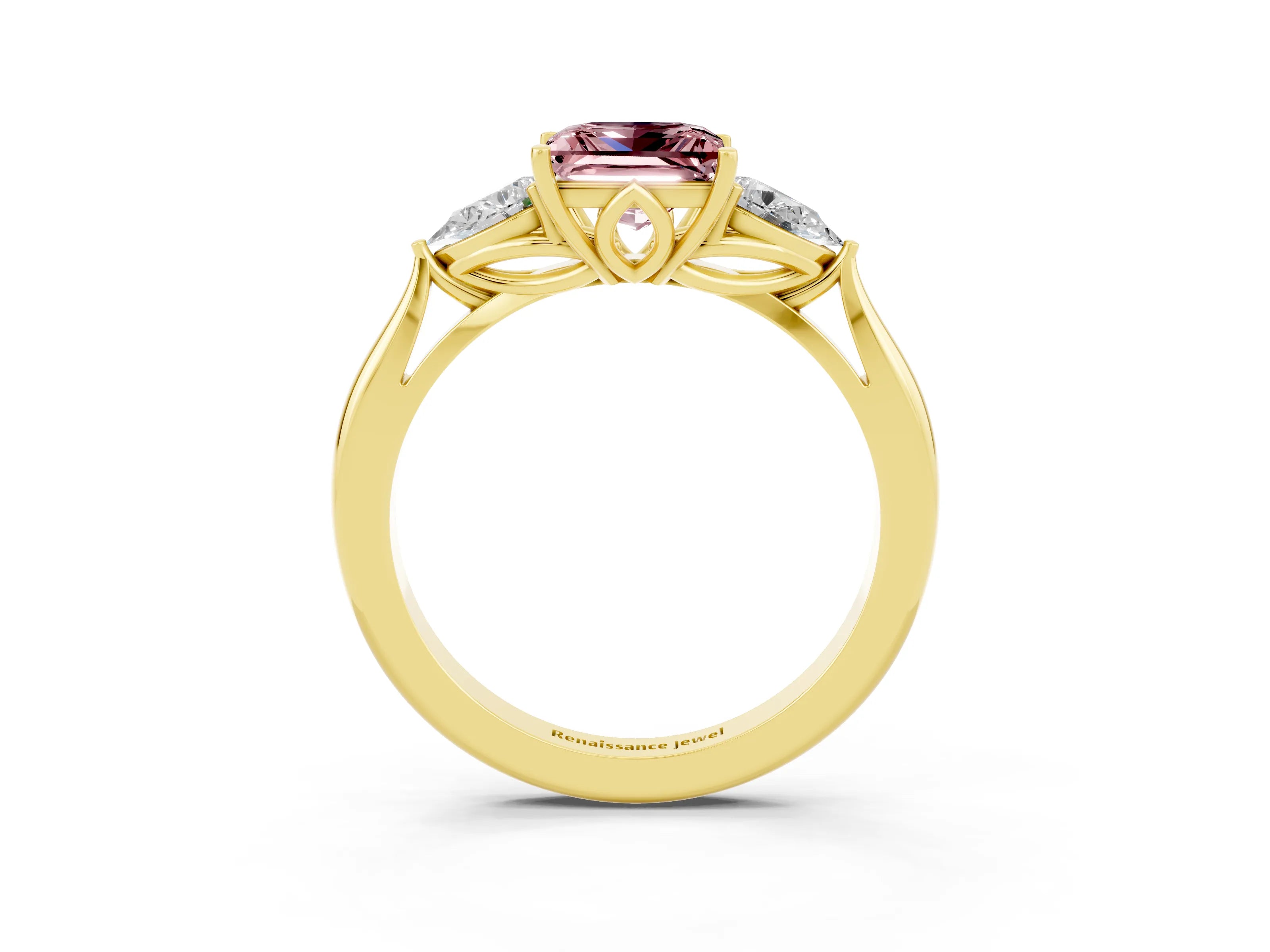 Yellow gold Princess Cut Morganite Three-Stone Ring with Pear Side Stones and Four-Prong Setting_15