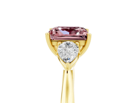 Yellow gold Princess Cut Morganite Three-Stone Ring with Pear Side Stones and Four-Prong Setting_17