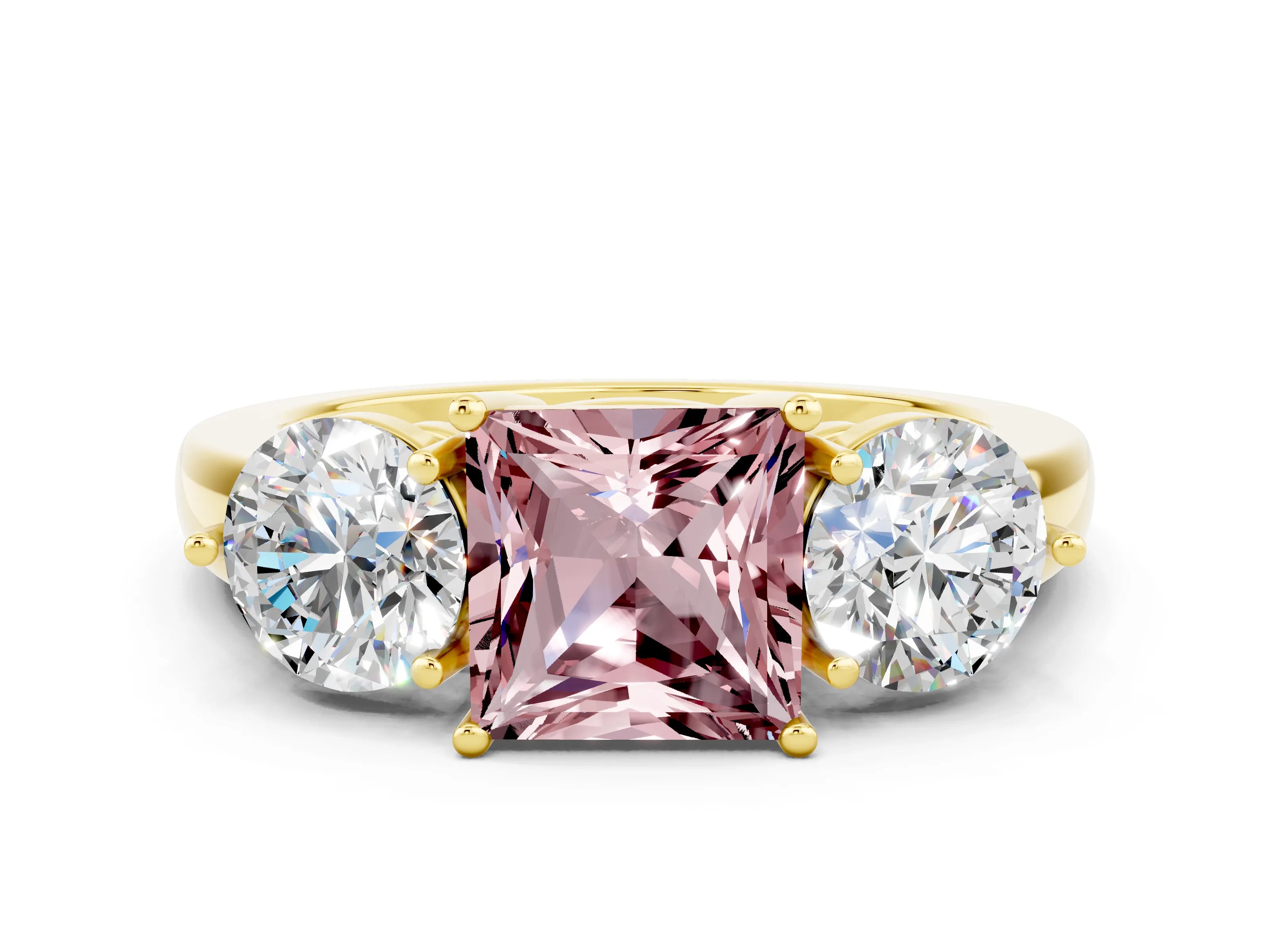 Yellow gold Princess Cut Morganite Three-Stone Ring with Prong Setting and Classic Band