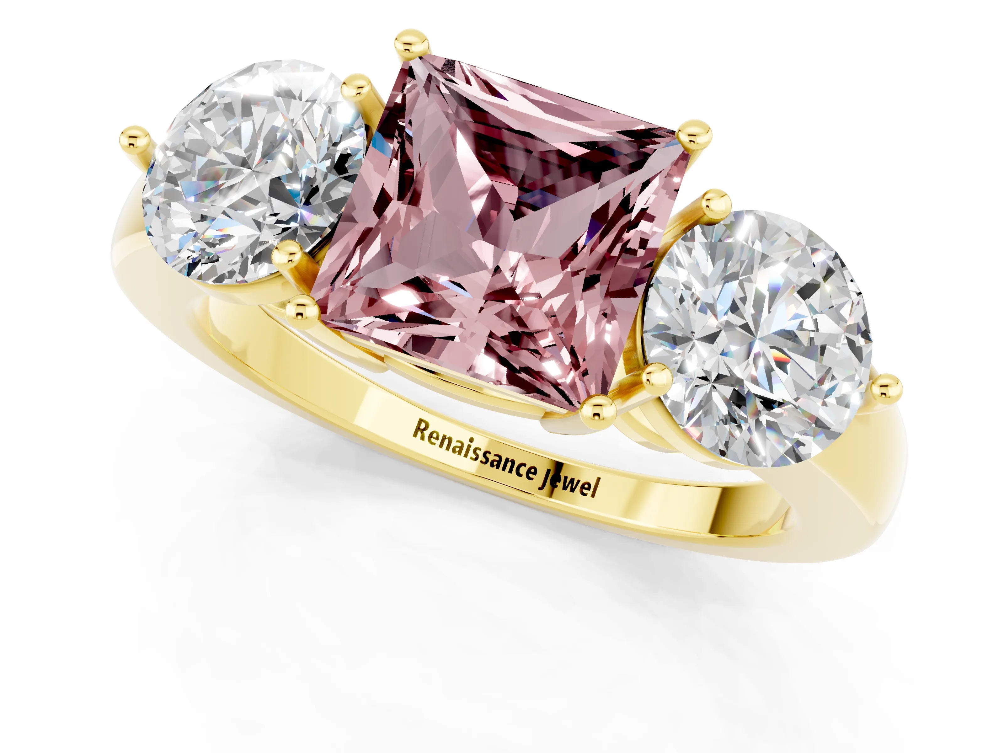 Yellow gold Princess Cut Morganite Three-Stone Ring with Prong Setting and Classic Band_1