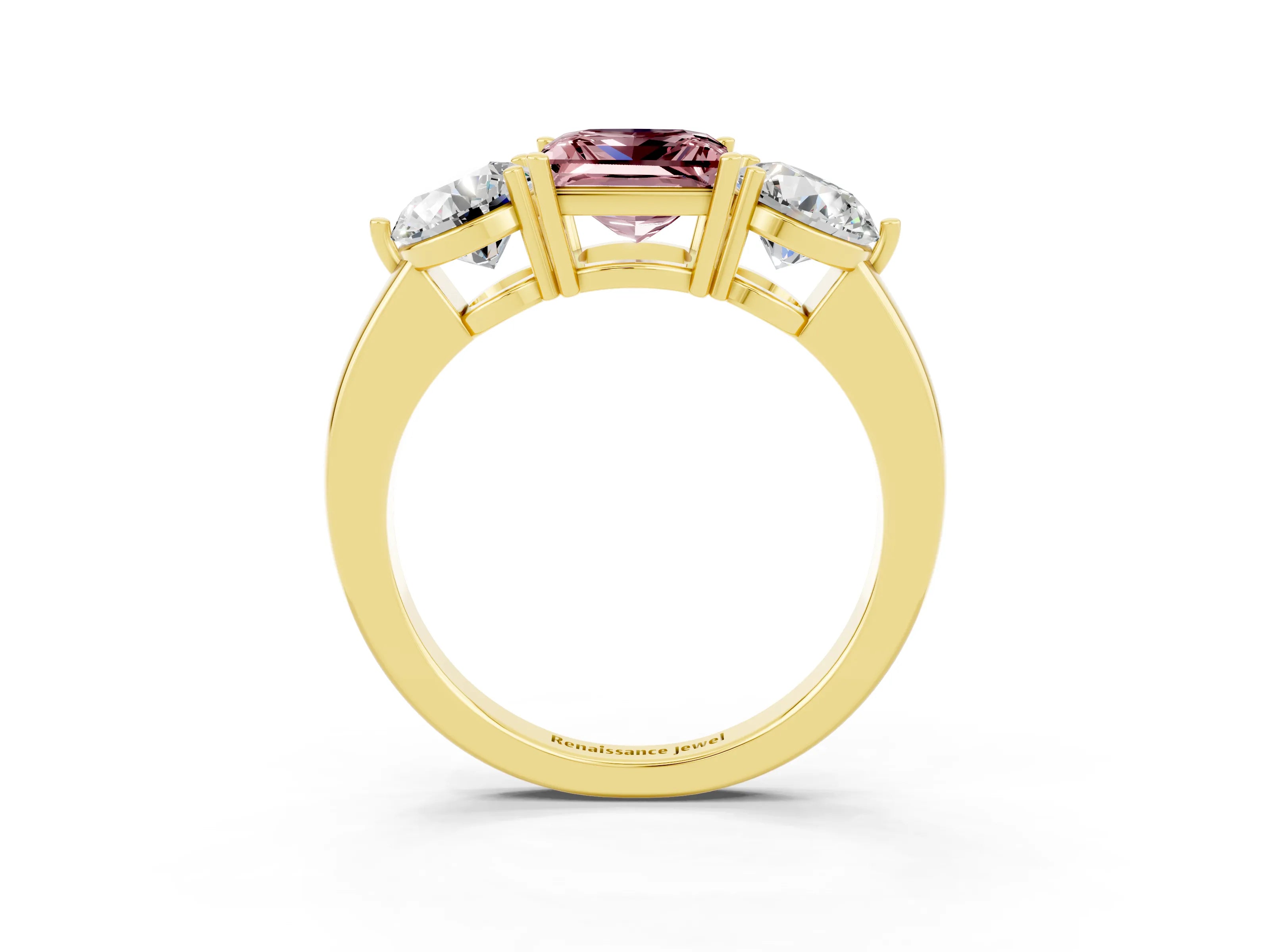Yellow gold Princess Cut Morganite Three-Stone Ring with Prong Setting and Classic Band_3