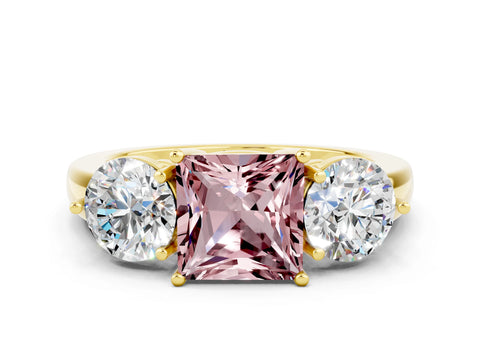 Yellow gold Princess Cut Morganite Three-Stone Ring with Prong Setting and Classic Band