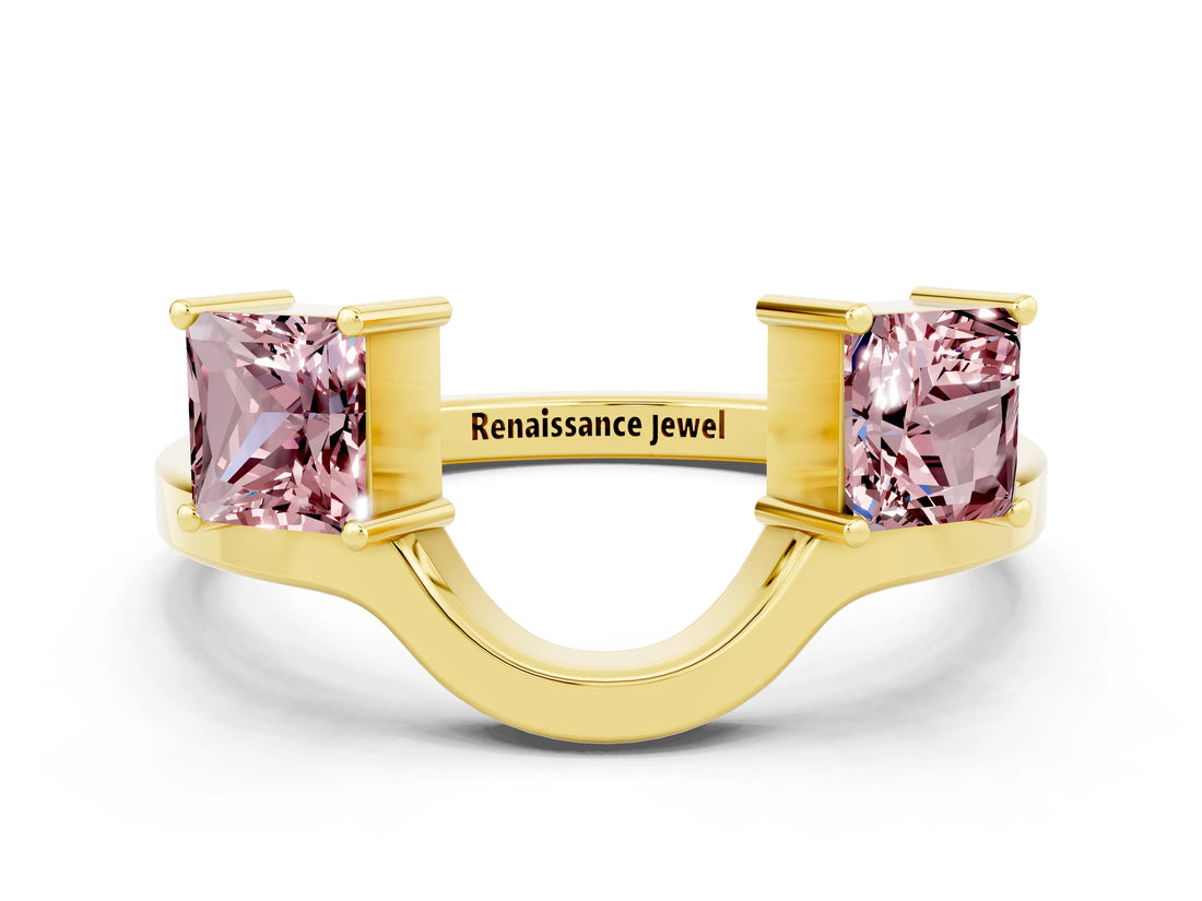 Yellow gold Princess Cut Morganite Two-Stone Open Band Ring with Four-Prong Setting_6