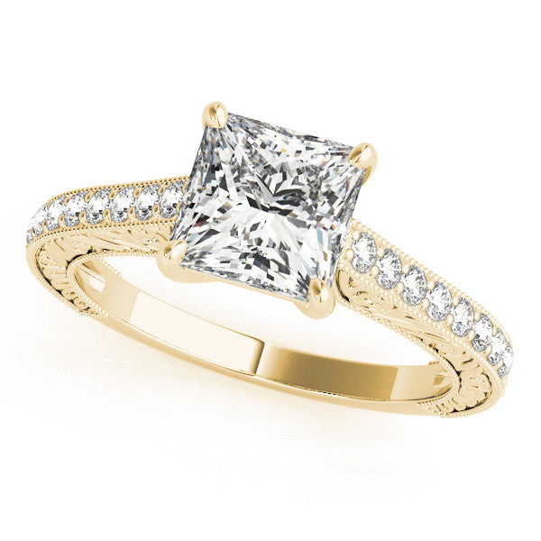 Yellow gold Princess Cut Pave Band Milgrain Solitaire Ring 2