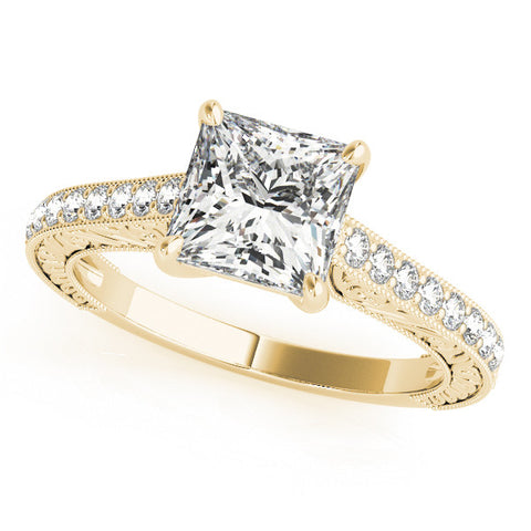Yellow gold Princess Cut Pave Band Milgrain Solitaire Ring 2