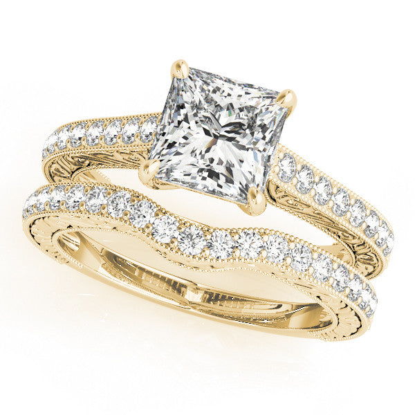 Yellow gold Princess Cut Pave Band Milgrain Solitaire Ring