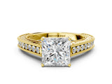 Yellow gold Princess Cut Pave Band Milgrain Solitaire Ring_6