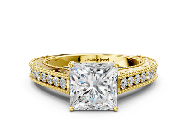 Yellow Gold Princess Cut Vintage Solitaire Engagement Ring Setting with Engraved Milgrain Pave Band