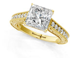 Yellow gold Princess Cut Pave Band Milgrain Solitaire Ring_7