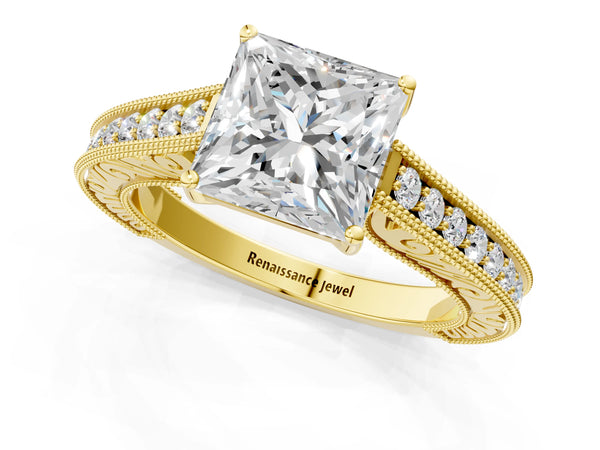 Yellow Gold Princess Cut Vintage Solitaire Engagement Ring Setting with Engraved Milgrain Pave Band