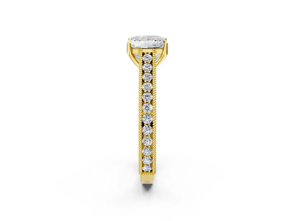 Yellow Gold Princess Cut Vintage Solitaire Engagement Ring Setting with Engraved Milgrain Pave Band
