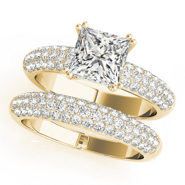 Yellow gold Princess Cut Pave Diamond Engagement Ring with Channel Set Band and Four-Prong Setting 1