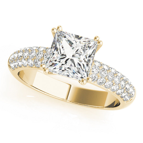 Yellow gold Princess Cut Pave Diamond Engagement Ring with Channel Set Band and Four-Prong Setting