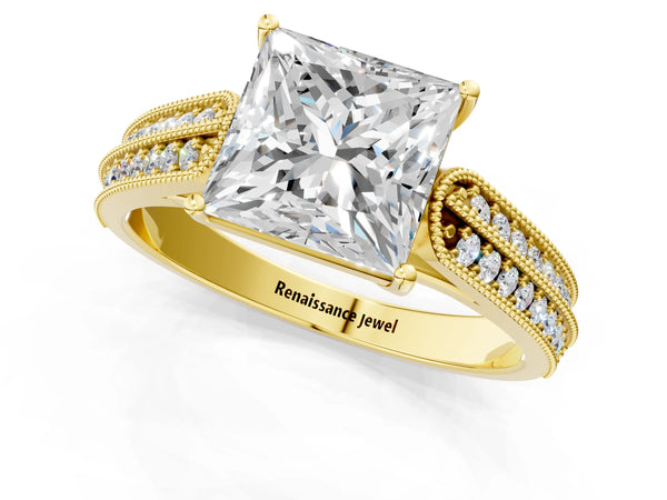 Yellow Gold Princess Cut Vintage Engagement Ring Setting with Double Row Pave Band and Milgrain